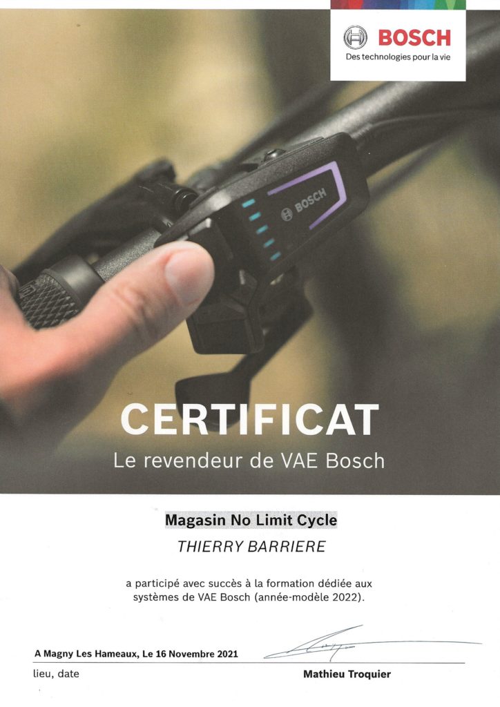 Certificat Vae Bosch - NoLimitCycle 2021